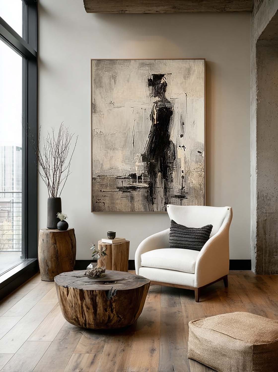 Black Abstract Wabi Sabi Character Painting Beige And Black Figurative Canvas Painting Neutral Minimalist Figure Wall Art