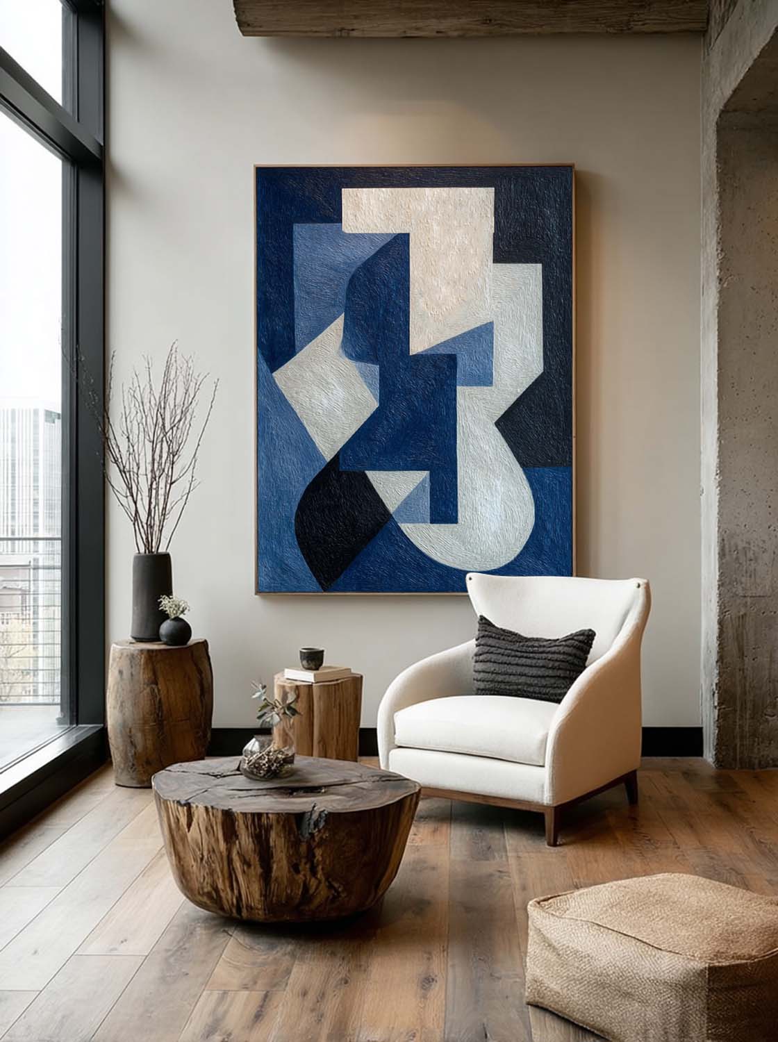 Large White and Blue Abstract Art Minimalist Wabi Sabi Canvas Art Original Abstract Geometric Painting 