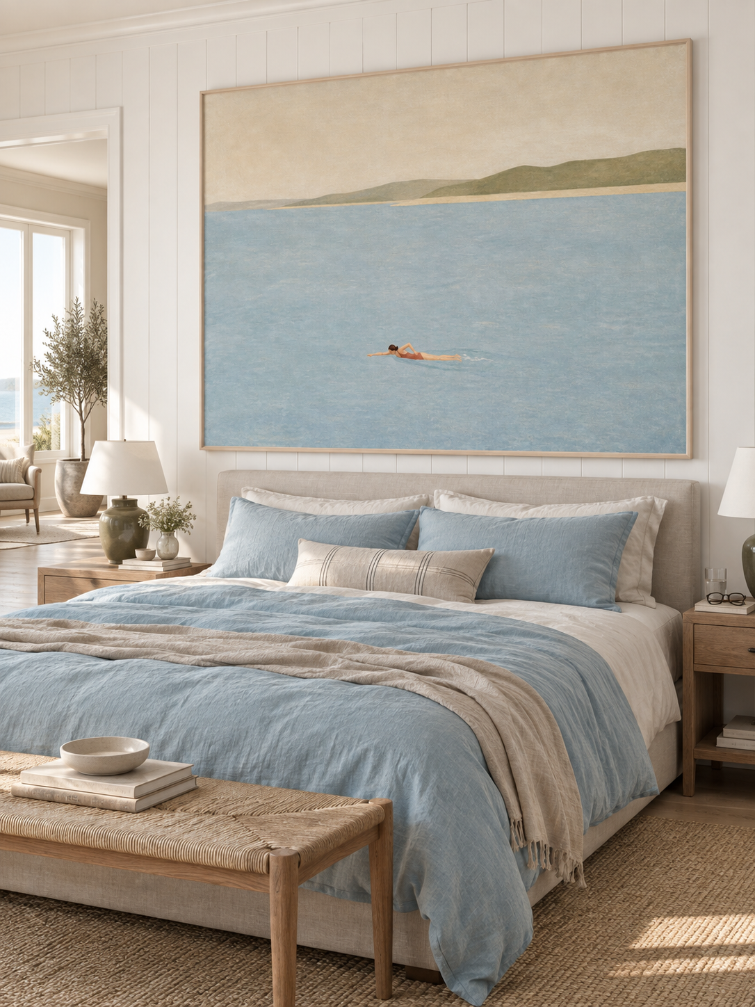 Serene Coastal Landscape Painting With Rolling Hills For Modern Bedroom