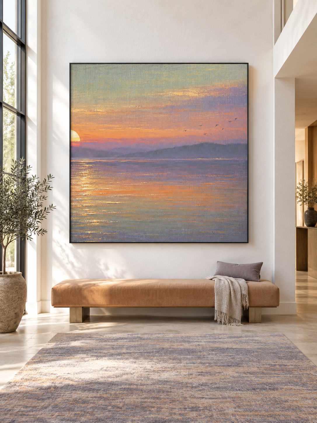 Golden Sunset Lake Square Wall Art Hand Painted Birds And Water Landscape Painting