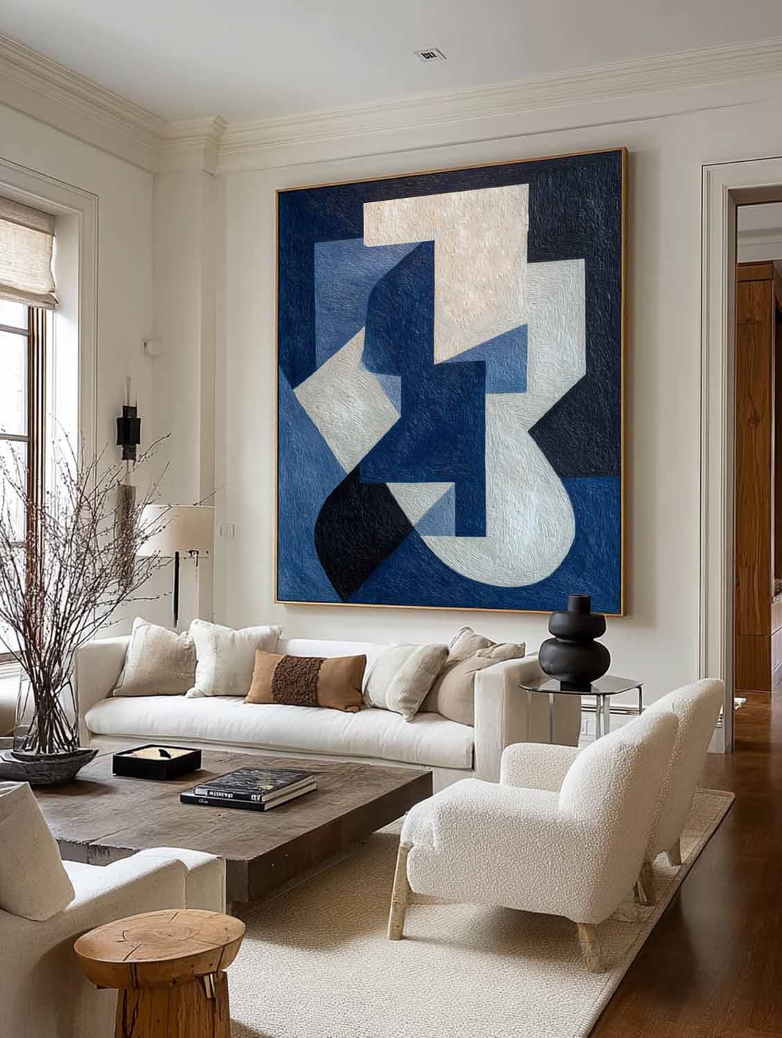 Large White and Blue Abstract Art Minimalist Wabi Sabi Canvas Art Original Abstract Geometric Painting 