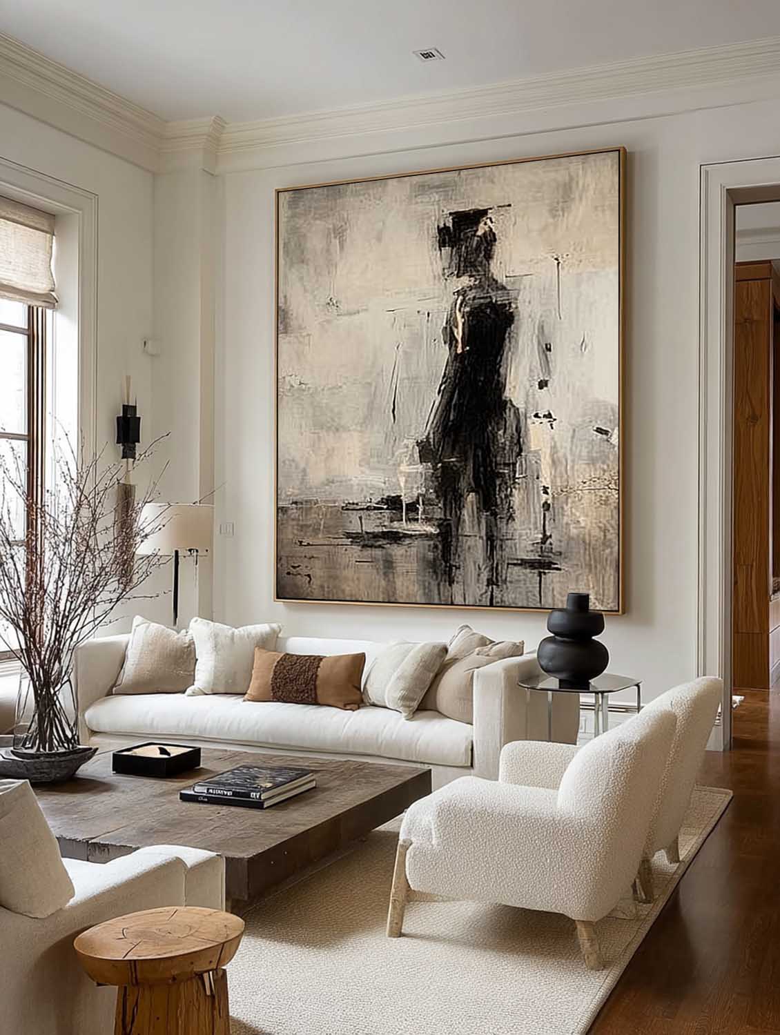 Black Abstract Wabi Sabi Character Painting Beige And Black Figurative Canvas Painting Neutral Minimalist Figure Wall Art