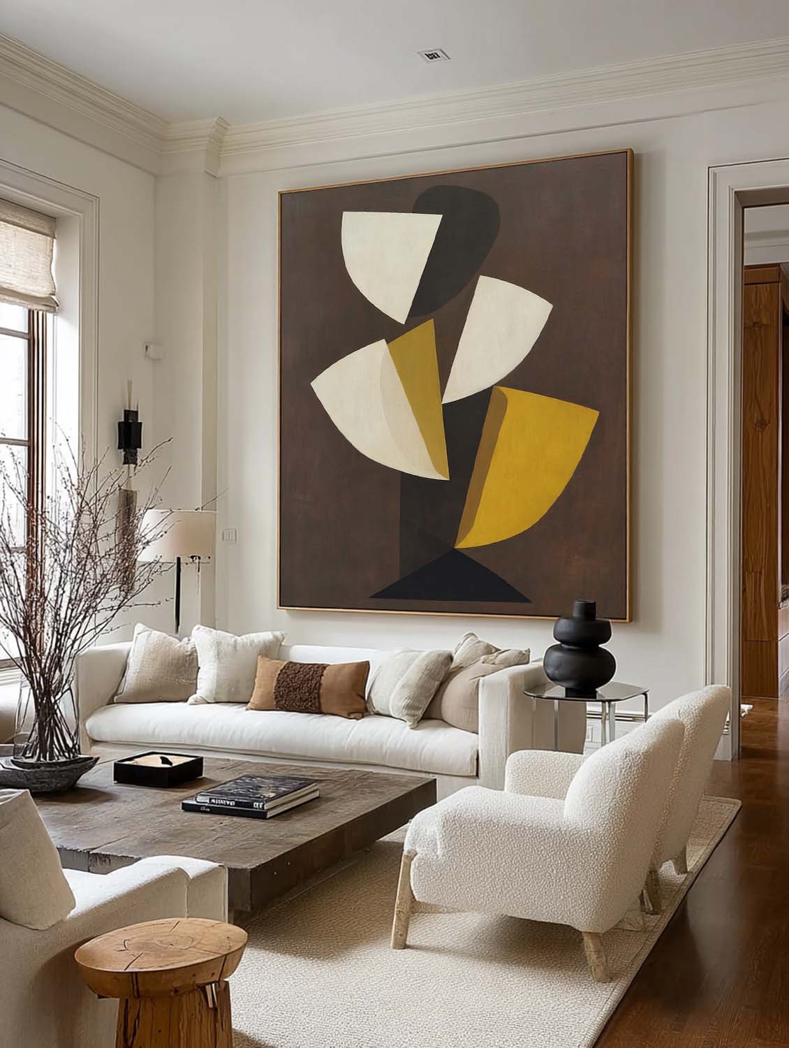 Large Yellow And Cream Abstract Wall Art Minimalism Leaf Shape Wall Art Handmade Yellow And Beige Abstract Canvas Art