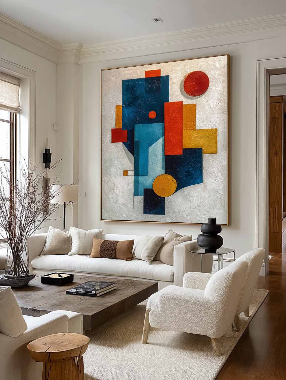 Large White And Blue Geometric Painting Original Colorful Geometric Painting Minimalist Wabi Sabi Geometric Canvas Art