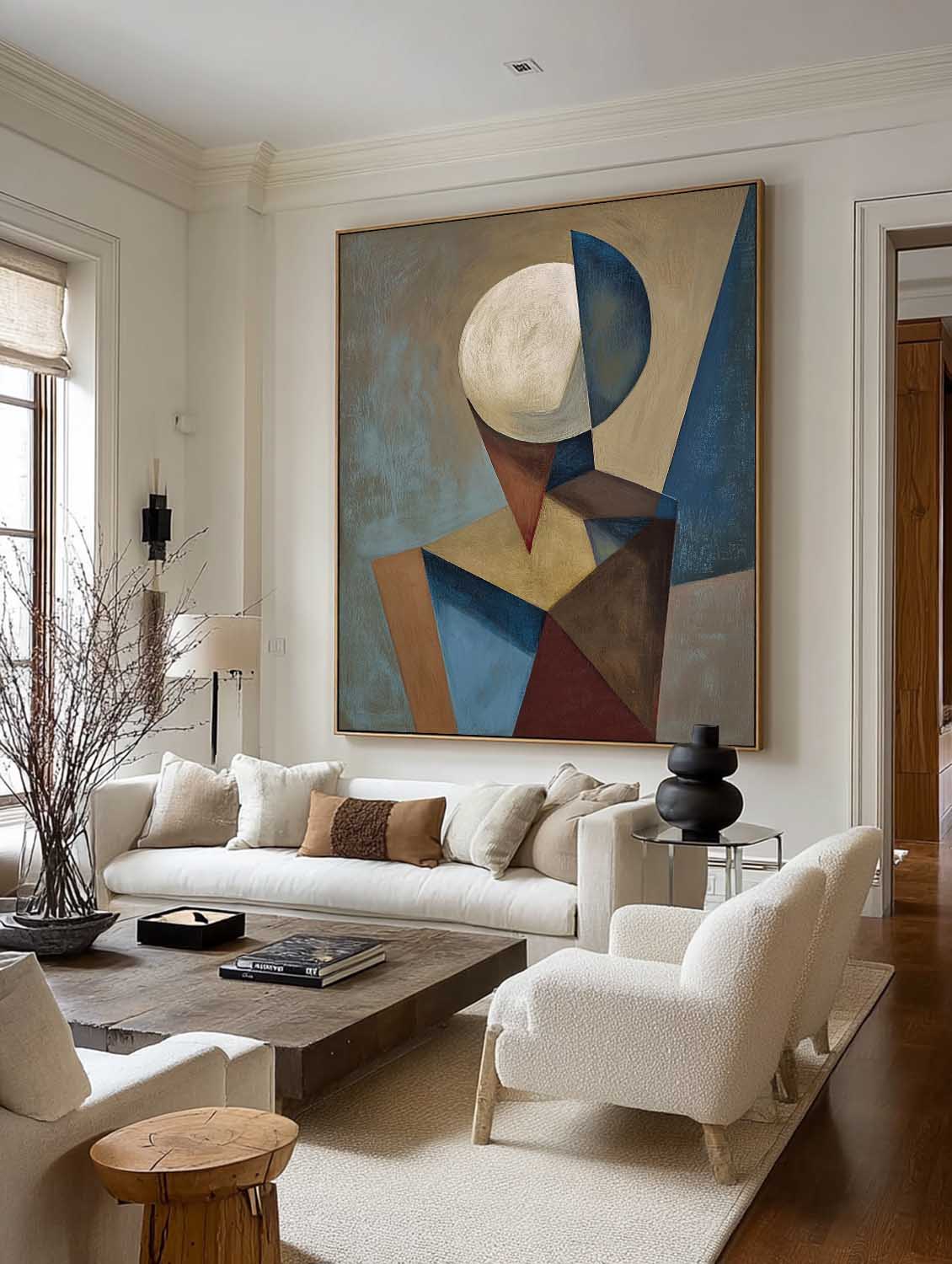 Neutral Abstract Geometry Face Oil Painting Modern Geometric Hand-Painted Oil Painting Original Geometry Abstract Wall Art