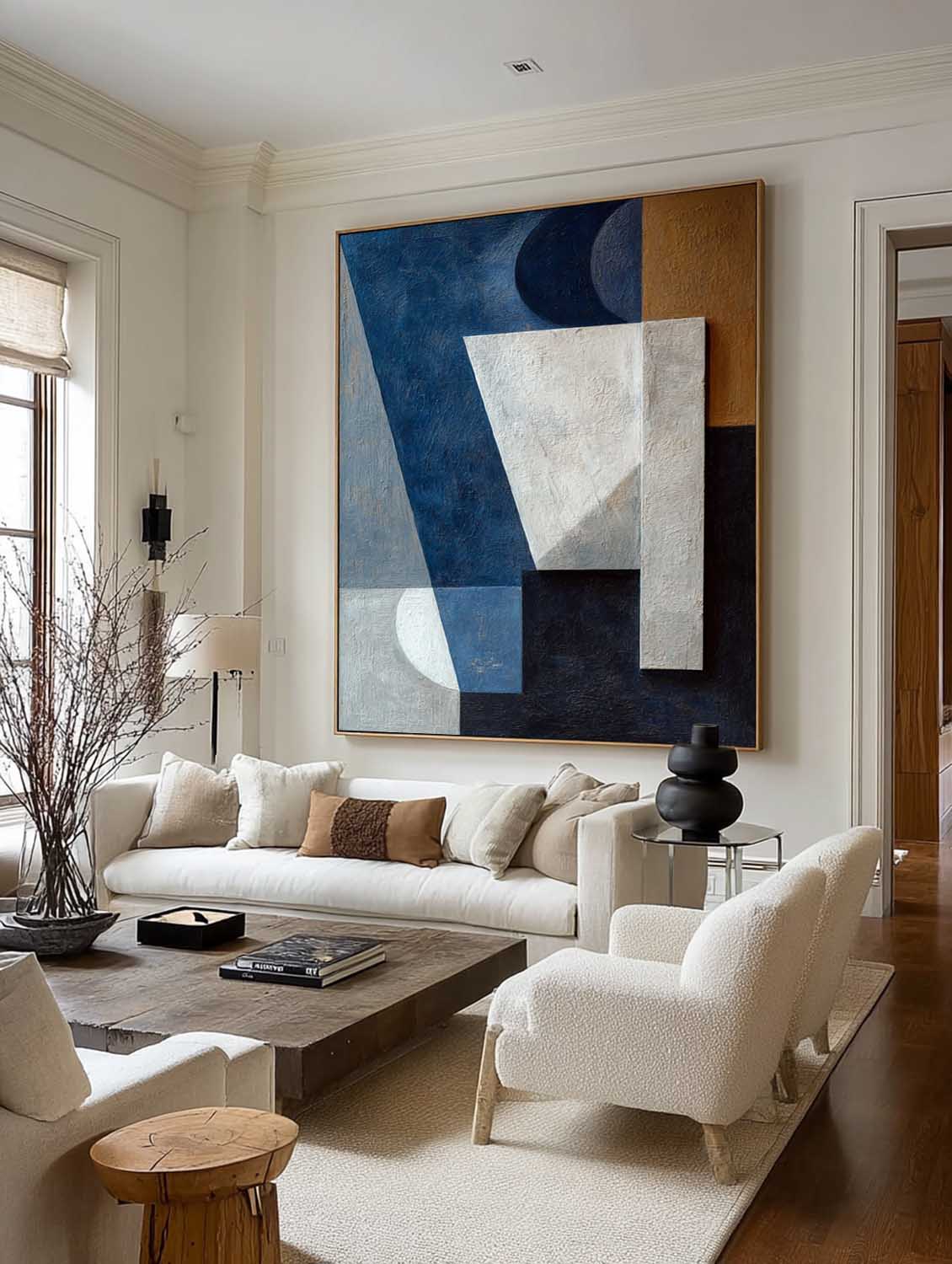 Minimalist Dark Blue Canvas Art Geometric Canvas Art For Modern Home Large Navy Blue Geometric Abstract Painting  