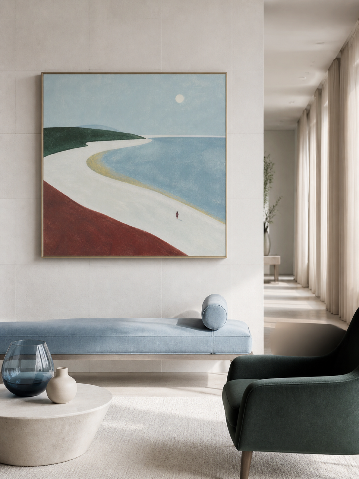 Minimalist Moonlit Beach Painting Original Art In Soft Blue And Earth Tones