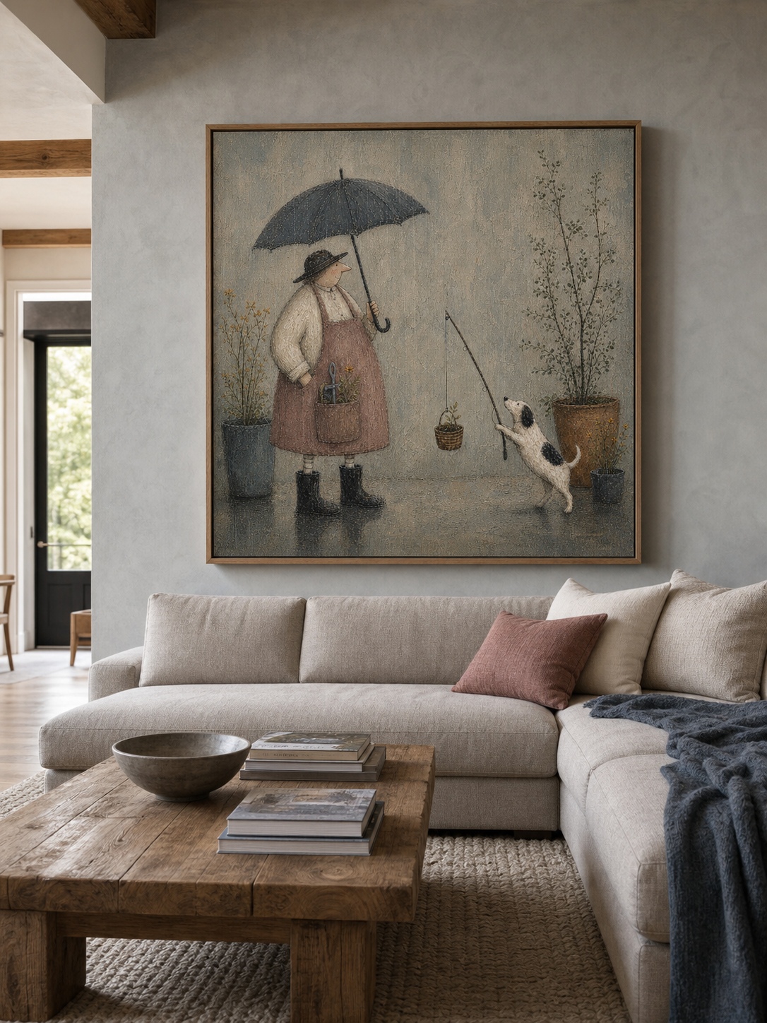 Vintage Hand-Painted Rainy Garden Dog Wall Art Whimsical Cottage Painting