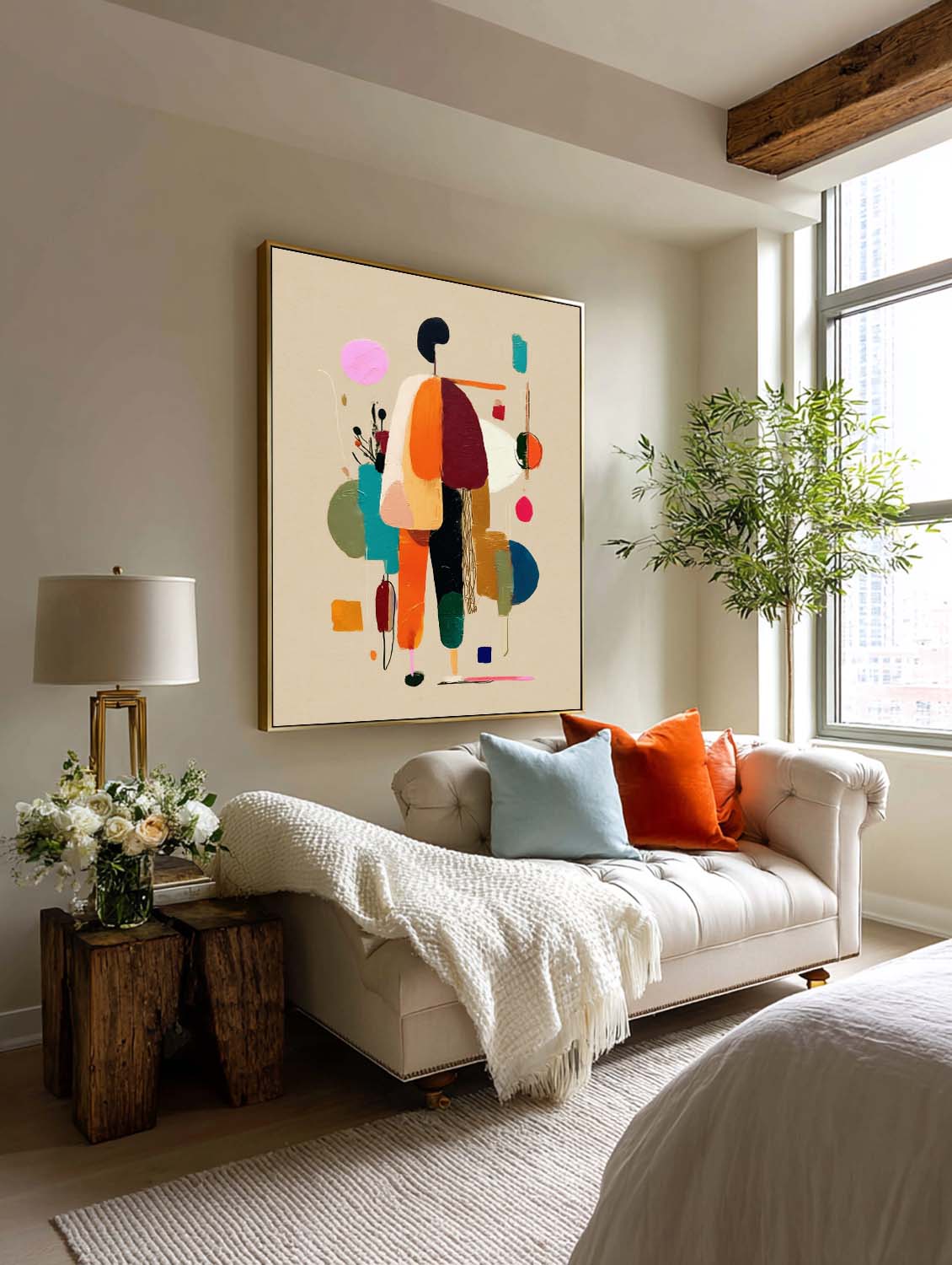 Colorful Minimalist Abstract Oil Painting With Textured Beige Background