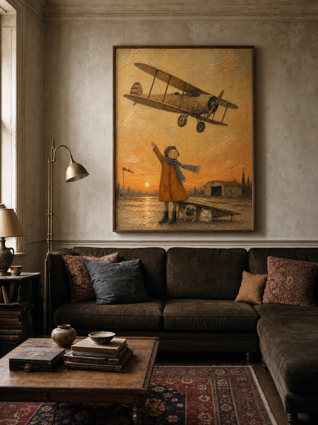 Whimsical Vintage Airplane Painting For Kids Room With Pets And Sunset Glow Original Art
