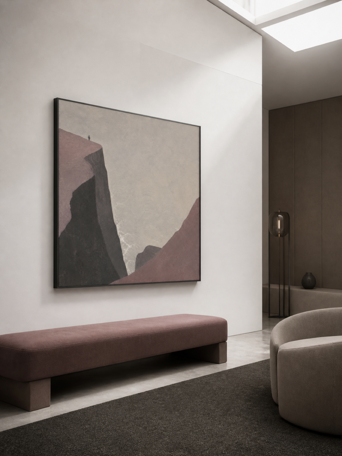 Coastal Cliff Figure Hand-Painted Canvas Art In Beige And Gray Tones