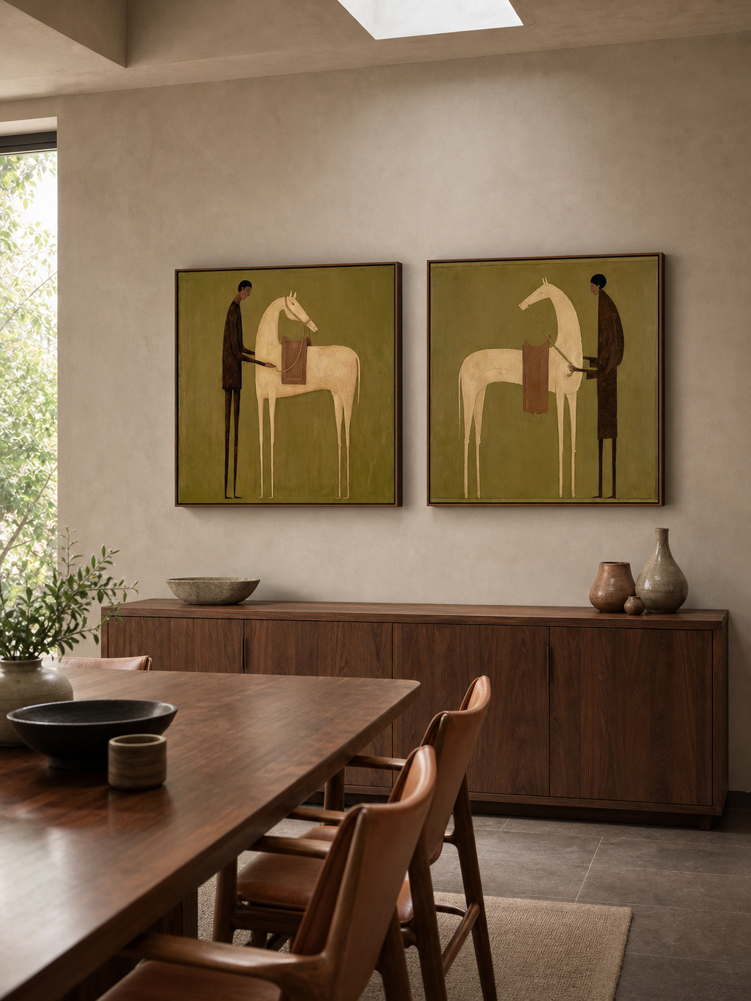 Vintage Equestrian Oil Painting Set Of Two Beige Brown Wall Art For Living Room