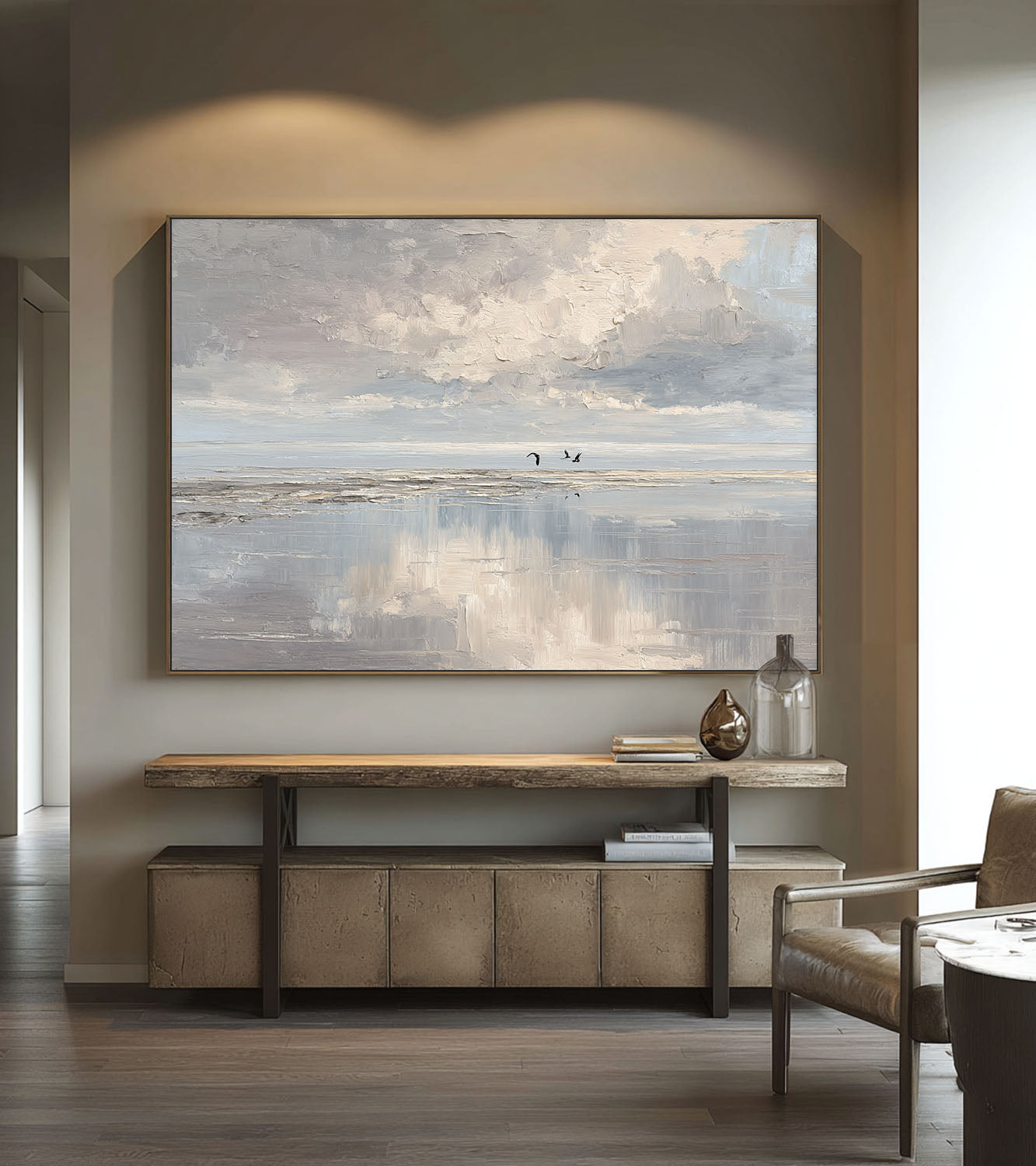 Minimalist Beige And Blue Ocean Wall Art Original Handmade Seascape Oil Painting Large Abstract Beige Ocean Wall Art