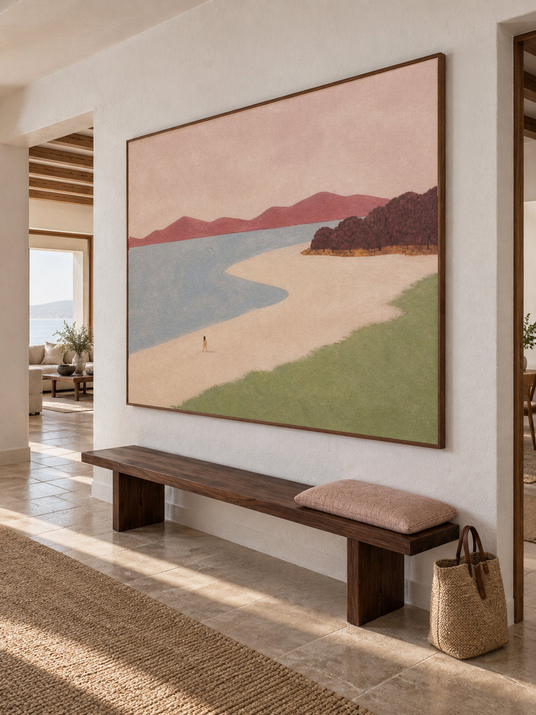 Neutral Dusty Blue Beach Canvas Art With Lone Walker For Modern Bedroom Decor