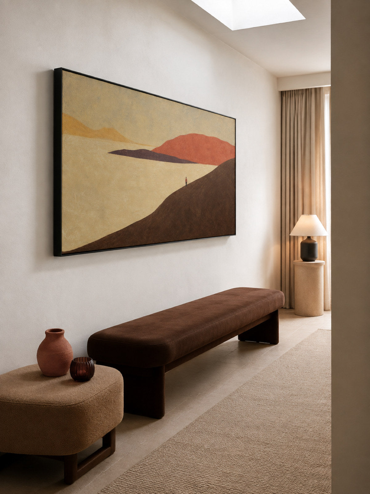 Hand-Painted Rust Red Lake Landscape Canvas Wall Art With Small Lone Figure