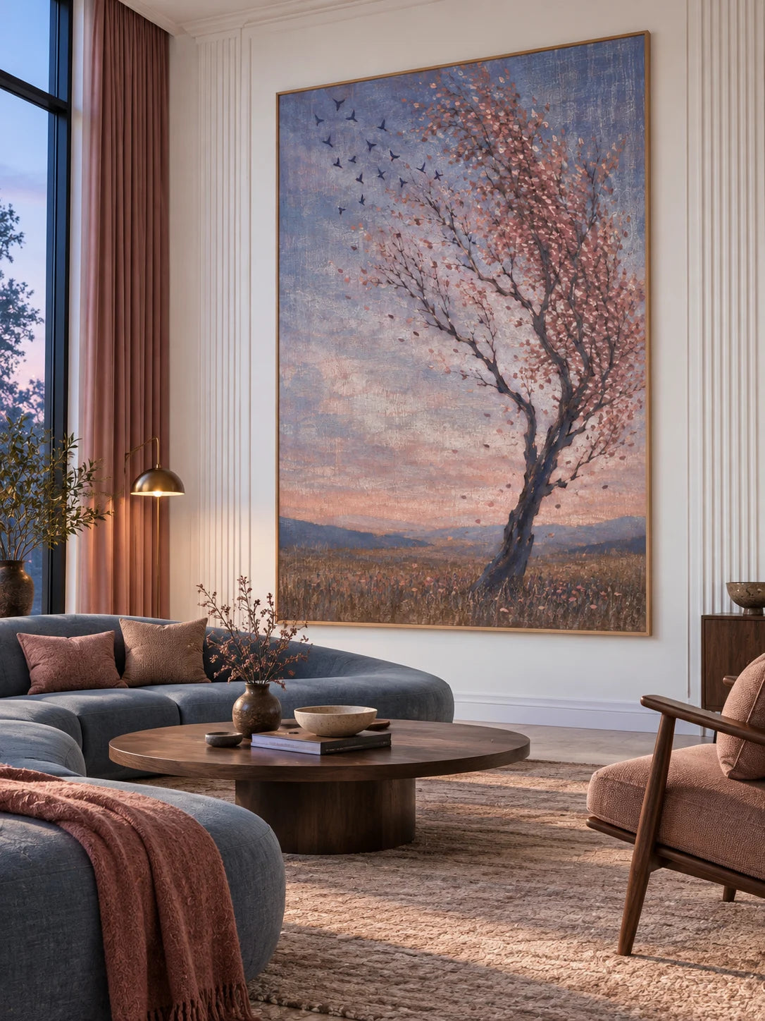 Large Fall Landscape Wall Art Contemporary Tree And Birds Painting For Home