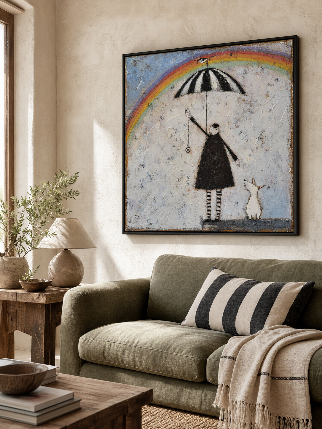 Vintage Figure With Rainbow And Dog Original Oil Painting On Textured White Canvas For Modern Home
