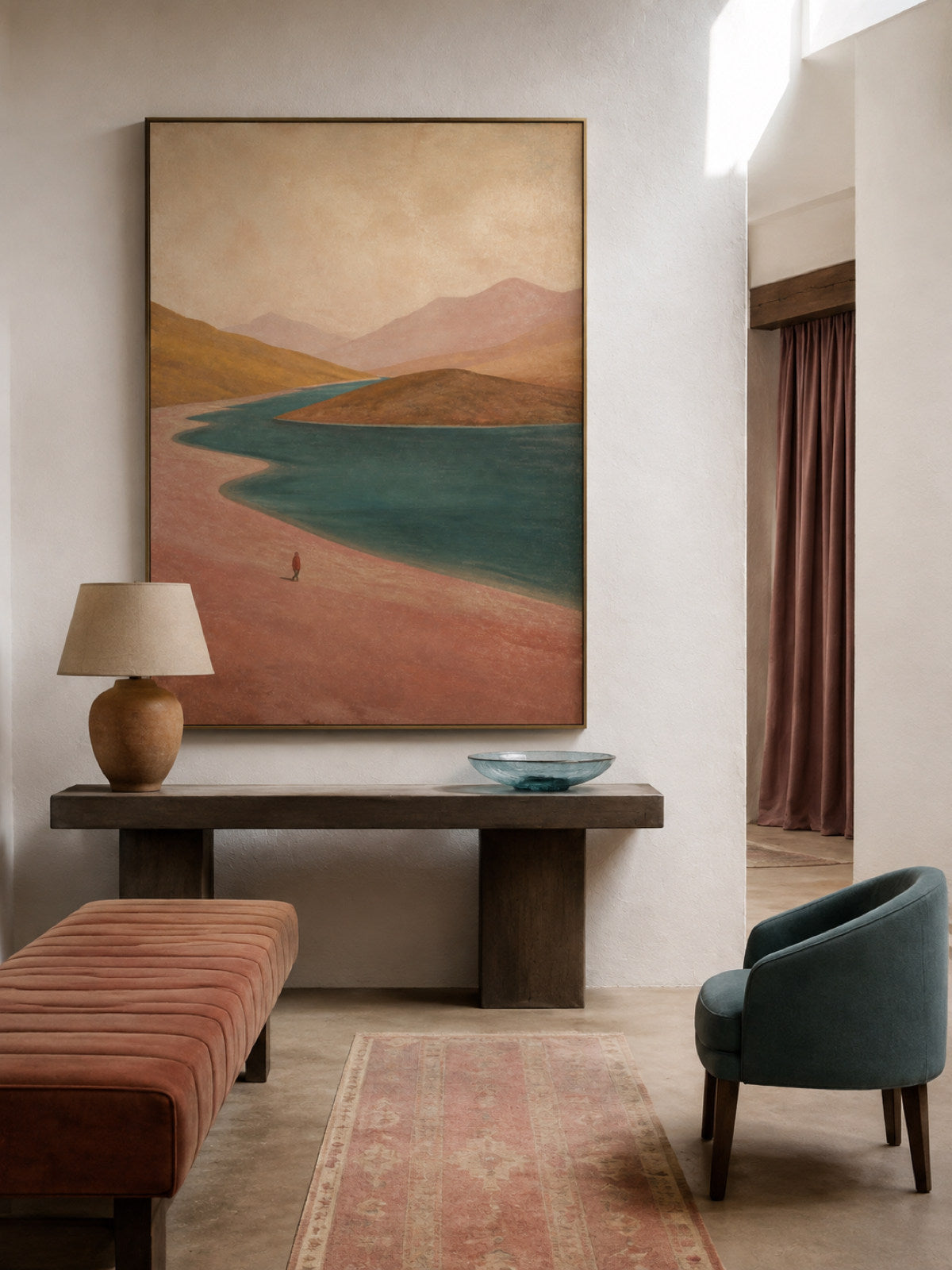 Hand-Painted Winding River Landscape Canvas Wall Art With Lone Red Figure