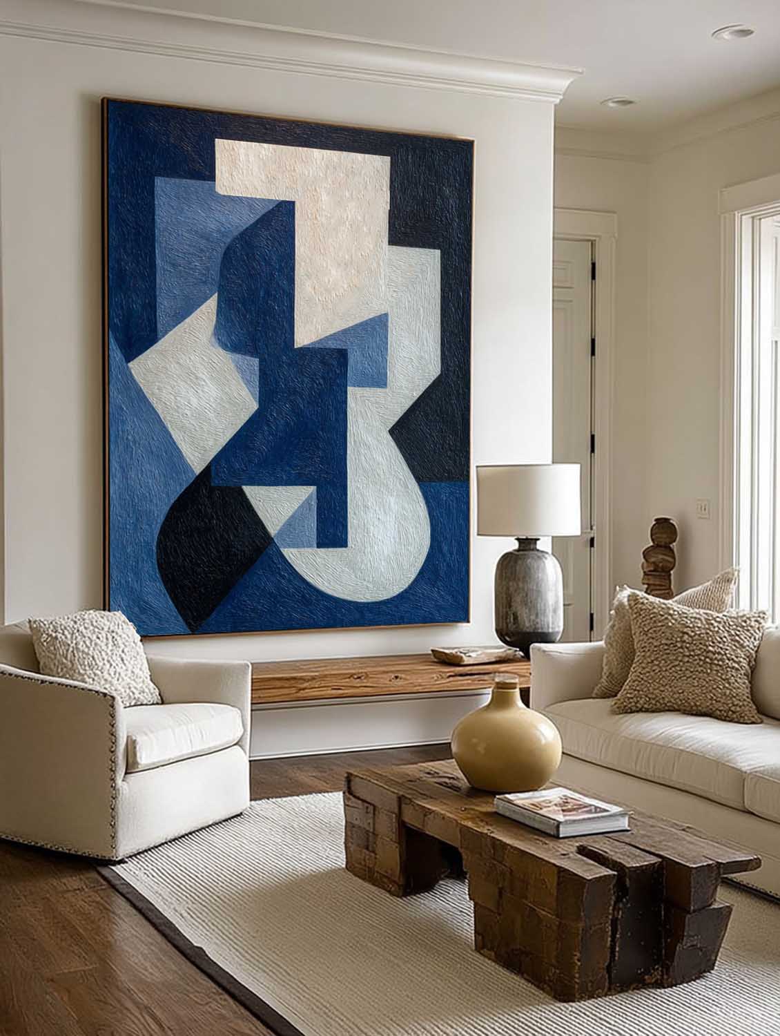 Large White and Blue Abstract Art Minimalist Wabi Sabi Canvas Art Original Abstract Geometric Painting 