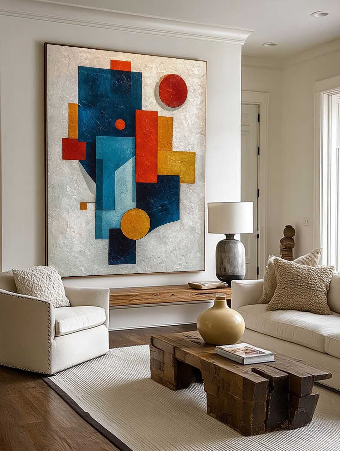 Large White And Blue Geometric Painting Original Colorful Geometric Painting Minimalist Wabi Sabi Geometric Canvas Art