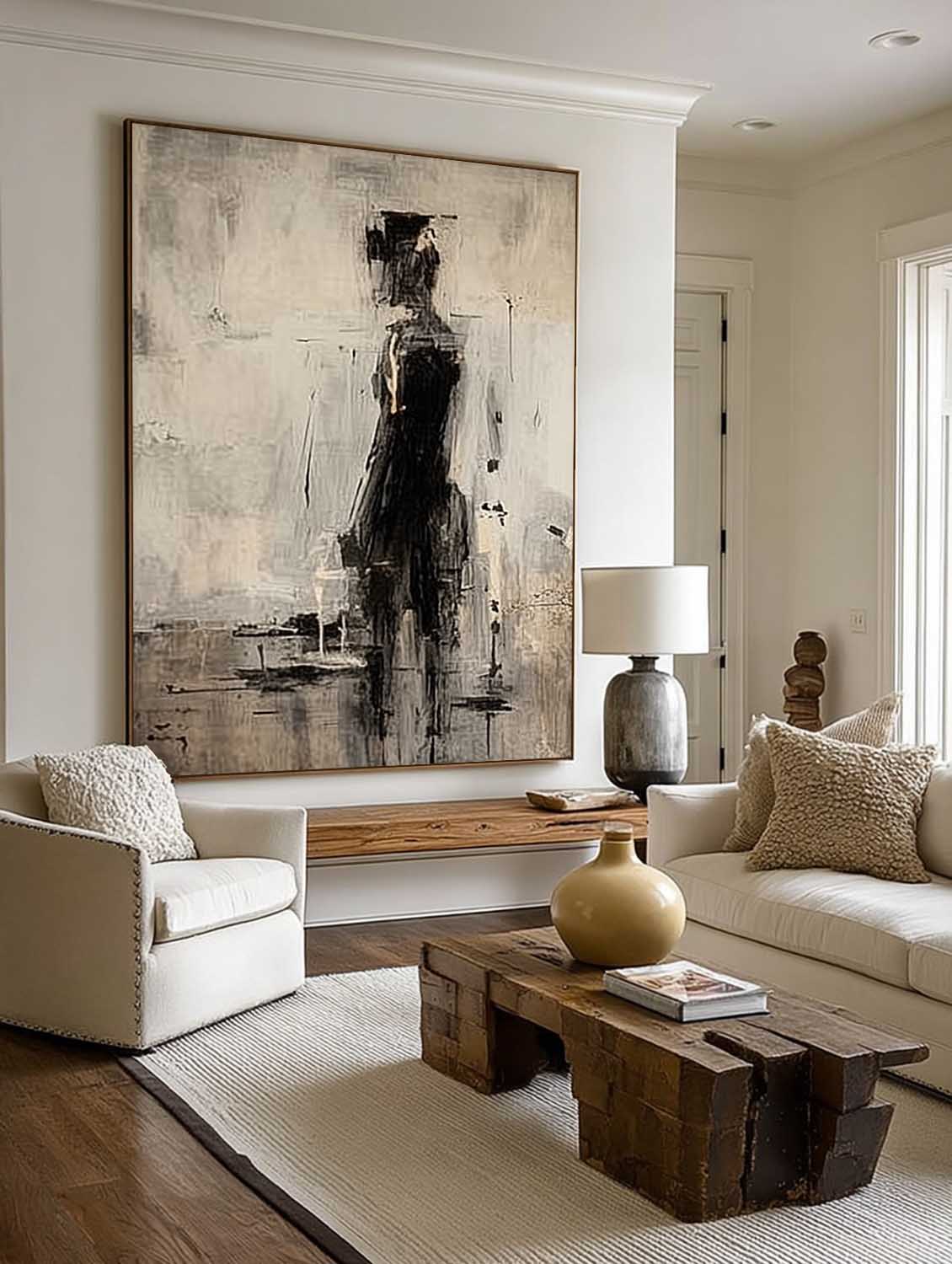 Black Abstract Wabi Sabi Character Painting Beige And Black Figurative Canvas Painting Neutral Minimalist Figure Wall Art