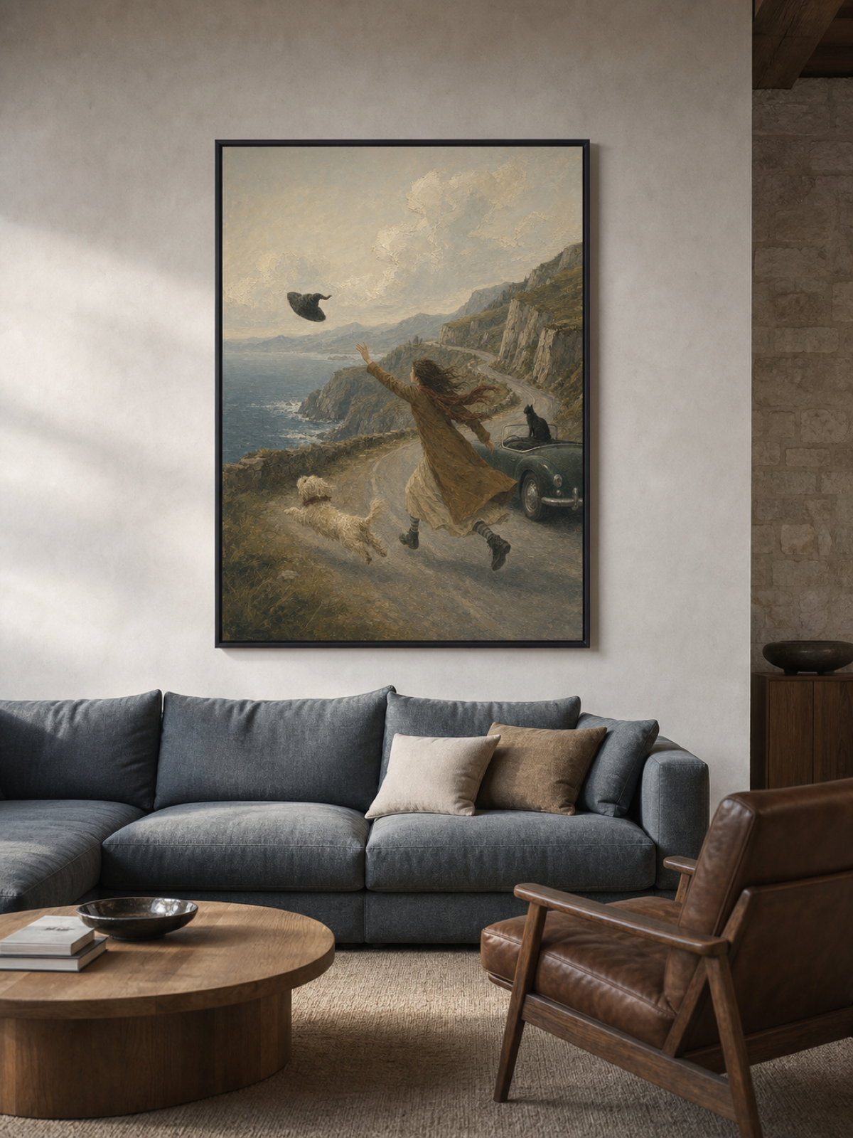 Hand Painted Vintage Road Trip Painting With Dog And Cat Coastal Adventure Wall Art
