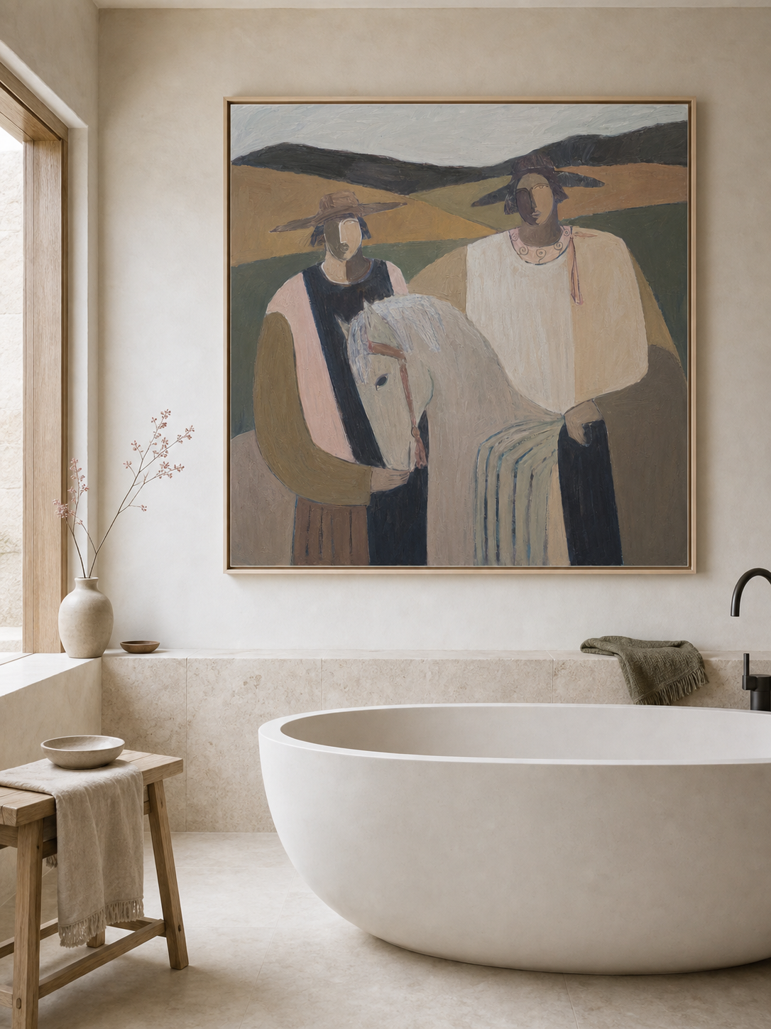 Contemporary Folk Art Painting With Horse And Figures In Earthy Tones For Modern Home Decor