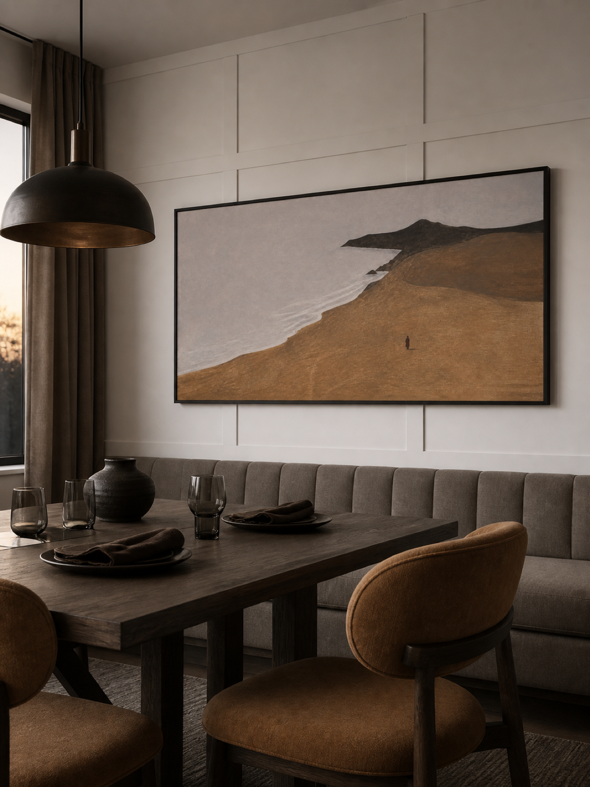 Solitary Figure Coastal Landscape Hand-Painted Canvas Art In Taupe And Silver