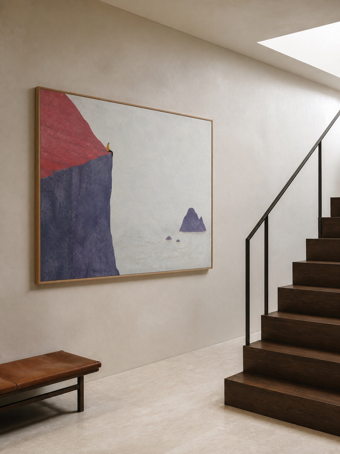 Minimalist Cliff Figure Painting Hand-Painted Abstract Coastal Wall Art