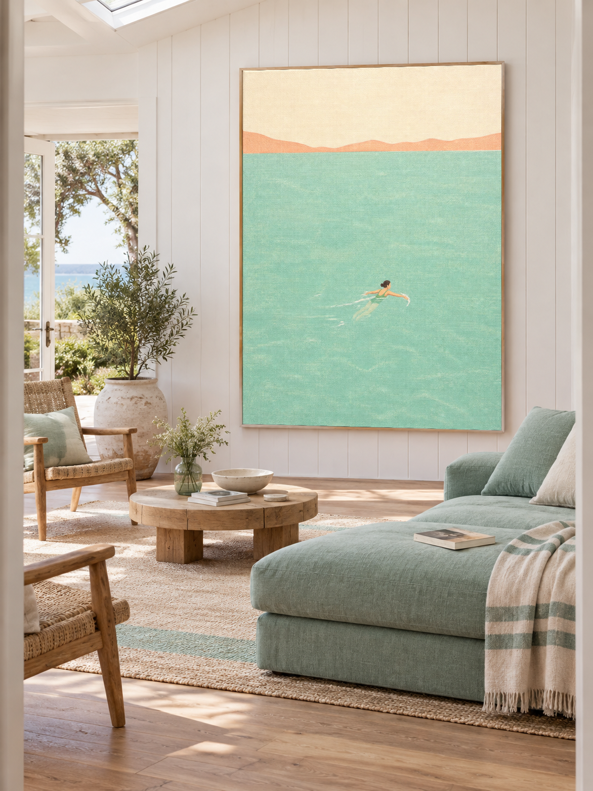 Woman Swimming In Sea Hand-Painted Canvas Wall Art Minimalist Blue