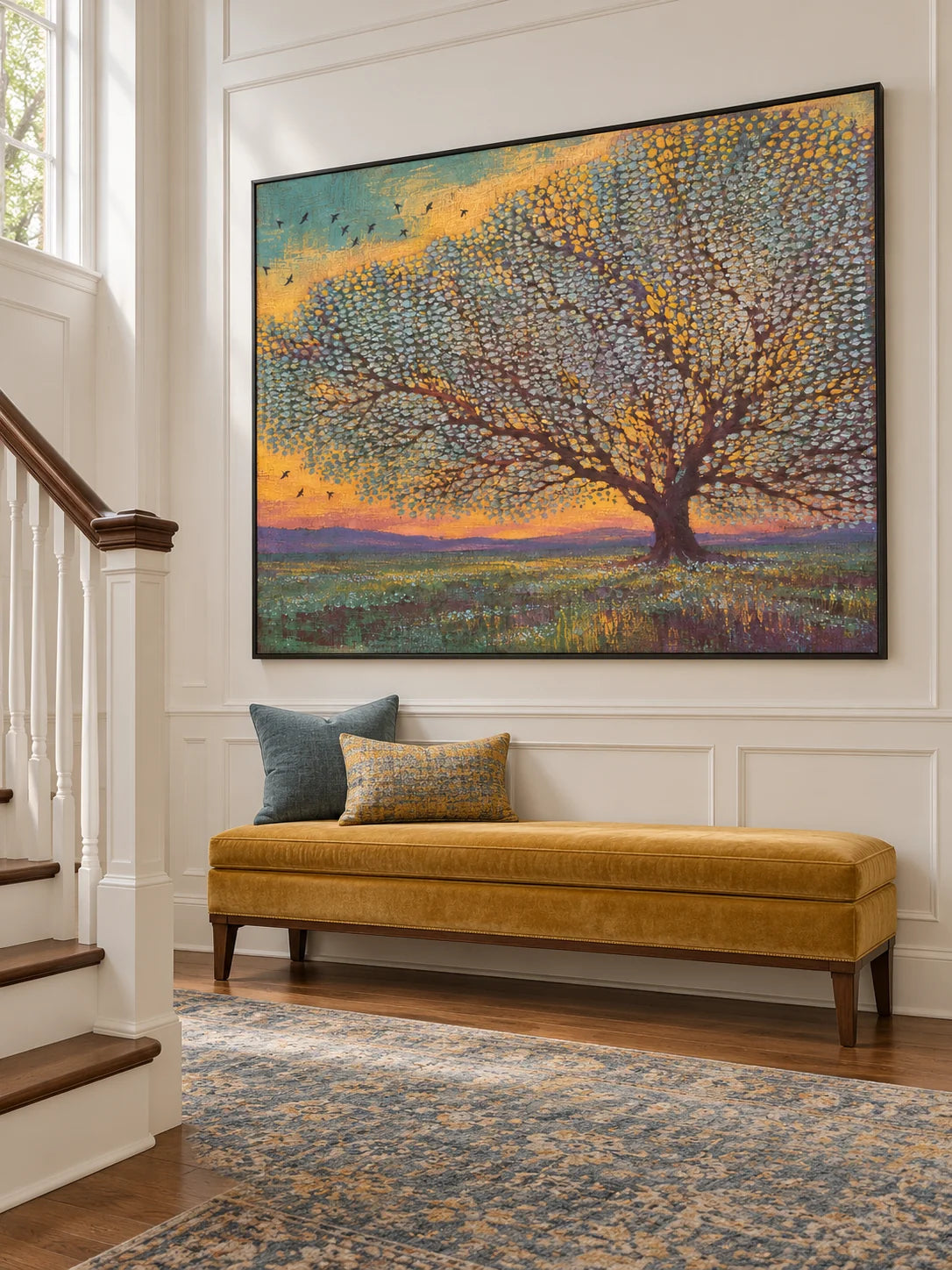 Contemporary Teal And Gold Tree Painting Large Textured Sunset Landscape Artwork