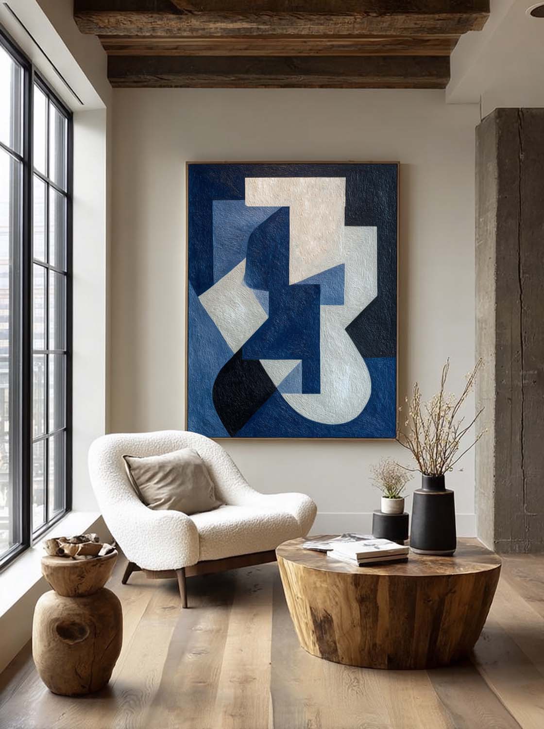 Large White and Blue Abstract Art Minimalist Wabi Sabi Canvas Art Original Abstract Geometric Painting 