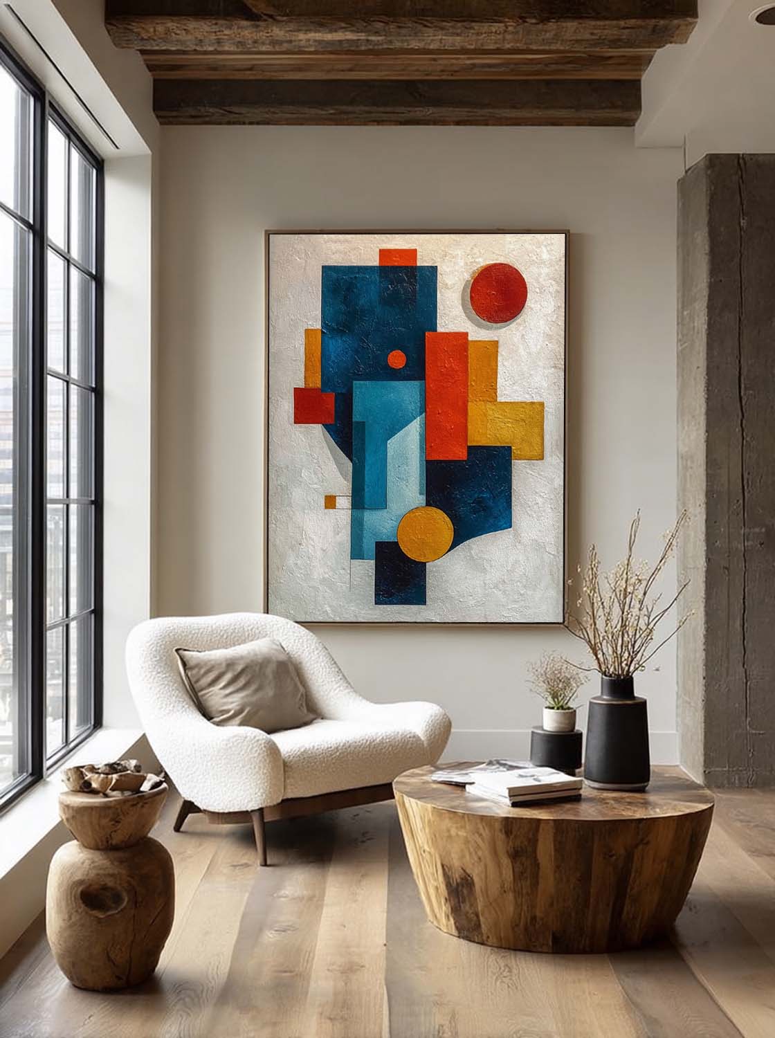 Large White And Blue Geometric Painting Original Colorful Geometric Painting Minimalist Wabi Sabi Geometric Canvas Art