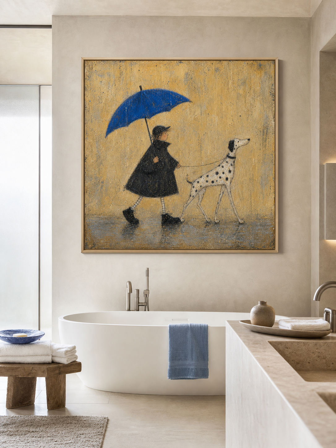 Original Handmade Painting Boy And Dalmatian Dog In Rain Minimalist Wall Art