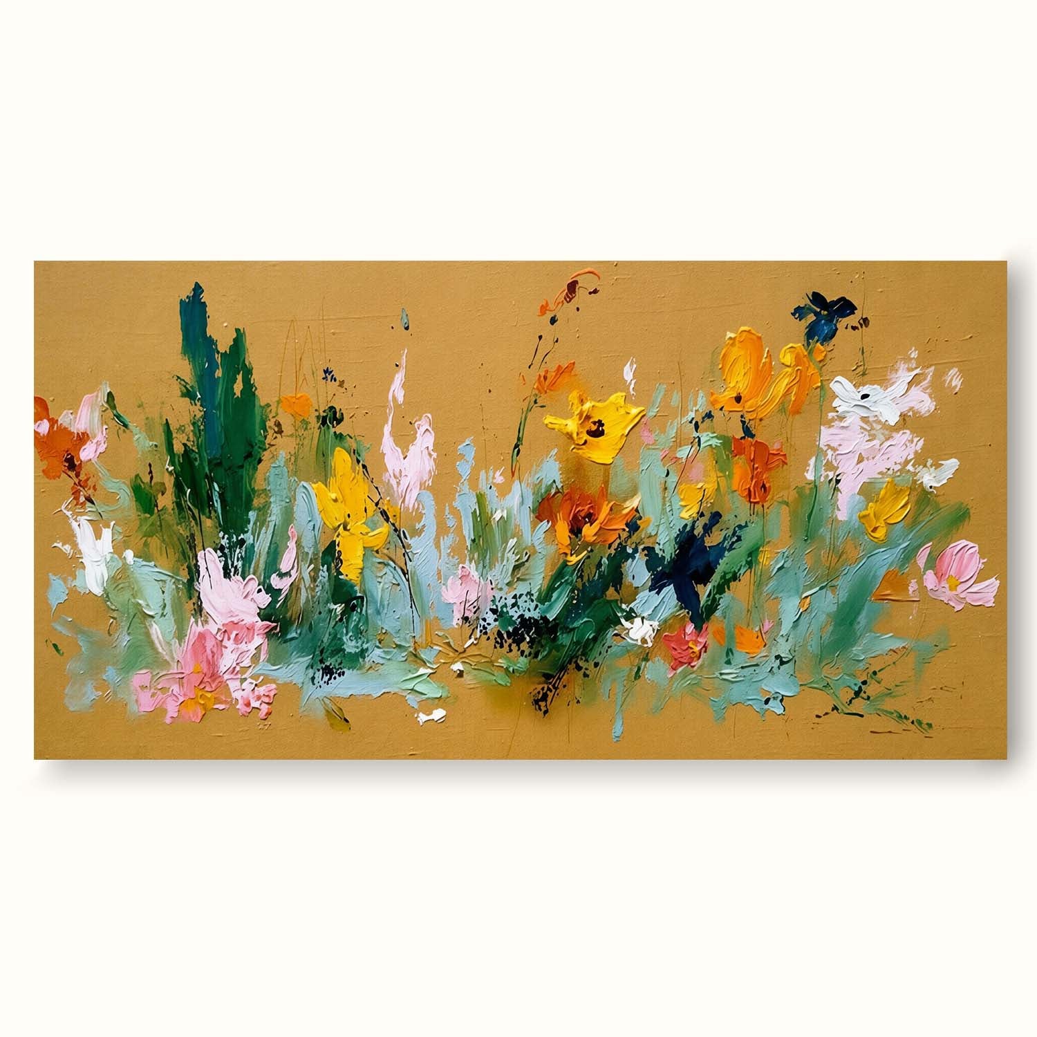 Large Horizontal Abstract Floral Painting With Gold And Green Tones For Living Room