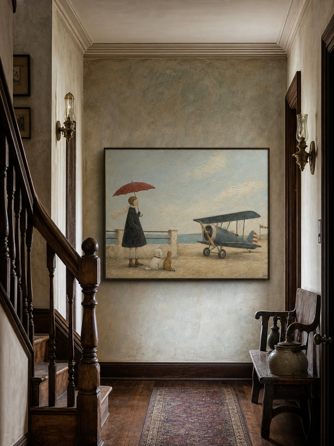 Whimsical Vintage Airplane Painting With Dog And Cat For Coastal Home Decor Art