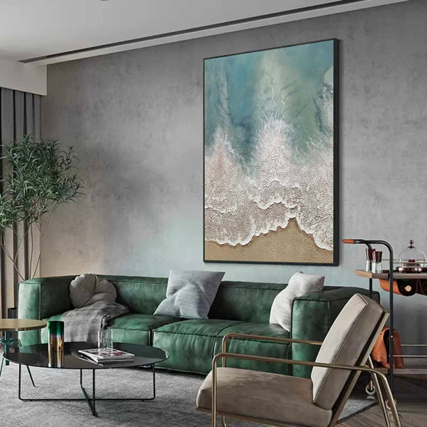 Large 3D Textured Ocean Painting Minimalist Green and White Wave Painting