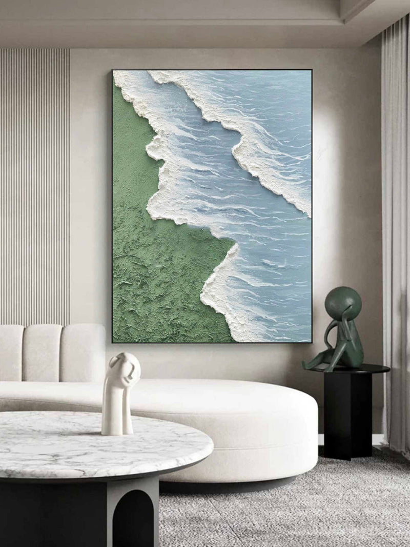 Minimalist Green Coastal Wall Art 3D Texture Abstract Beach Canvas Art