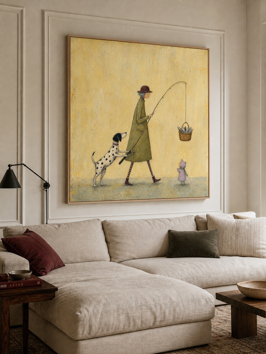 Whimsical Dog Fishing Painting For Kids Room Vintage Style Square Canvas Art