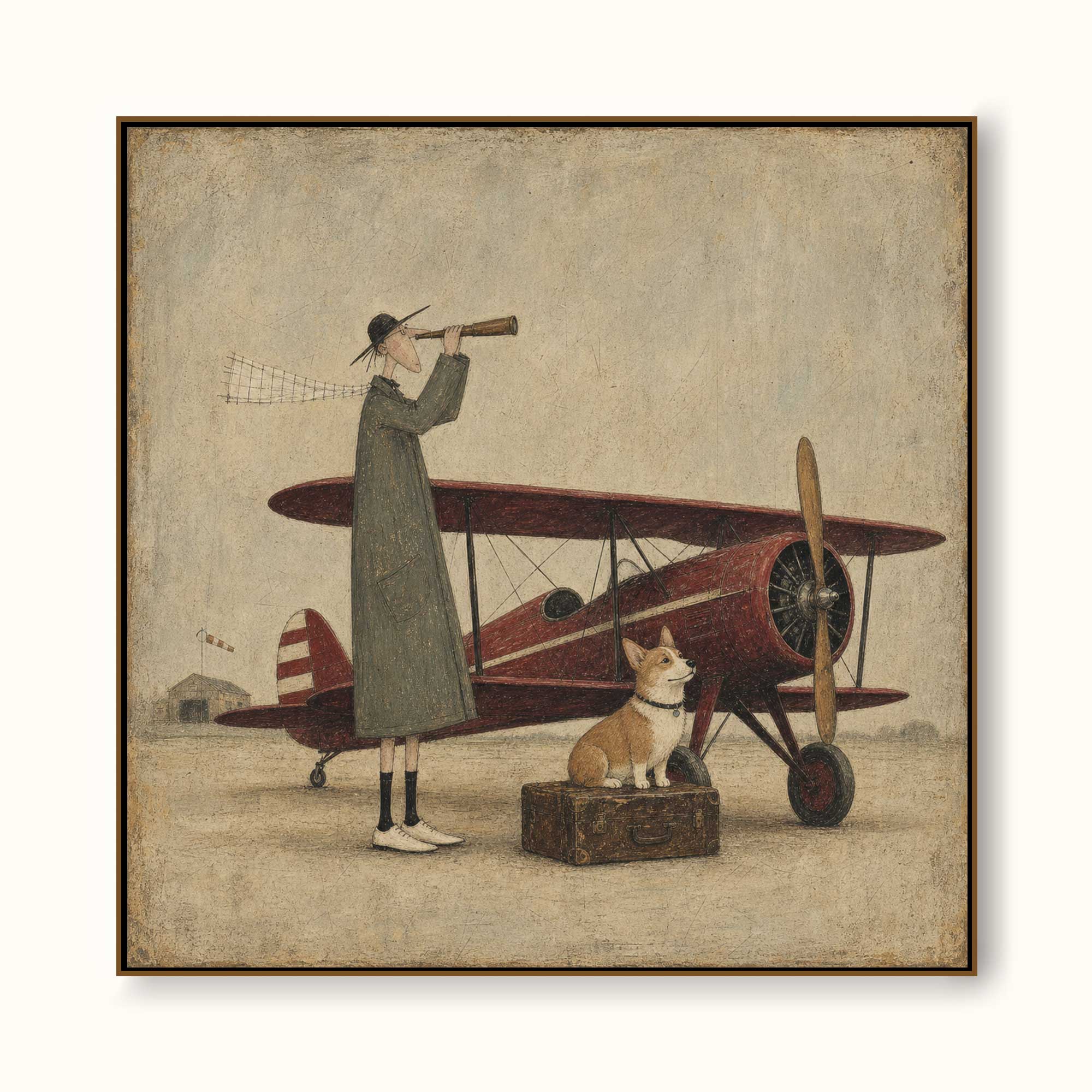 Vintage Airplane And Dog Painting For Travel Lovers Home Decor Art