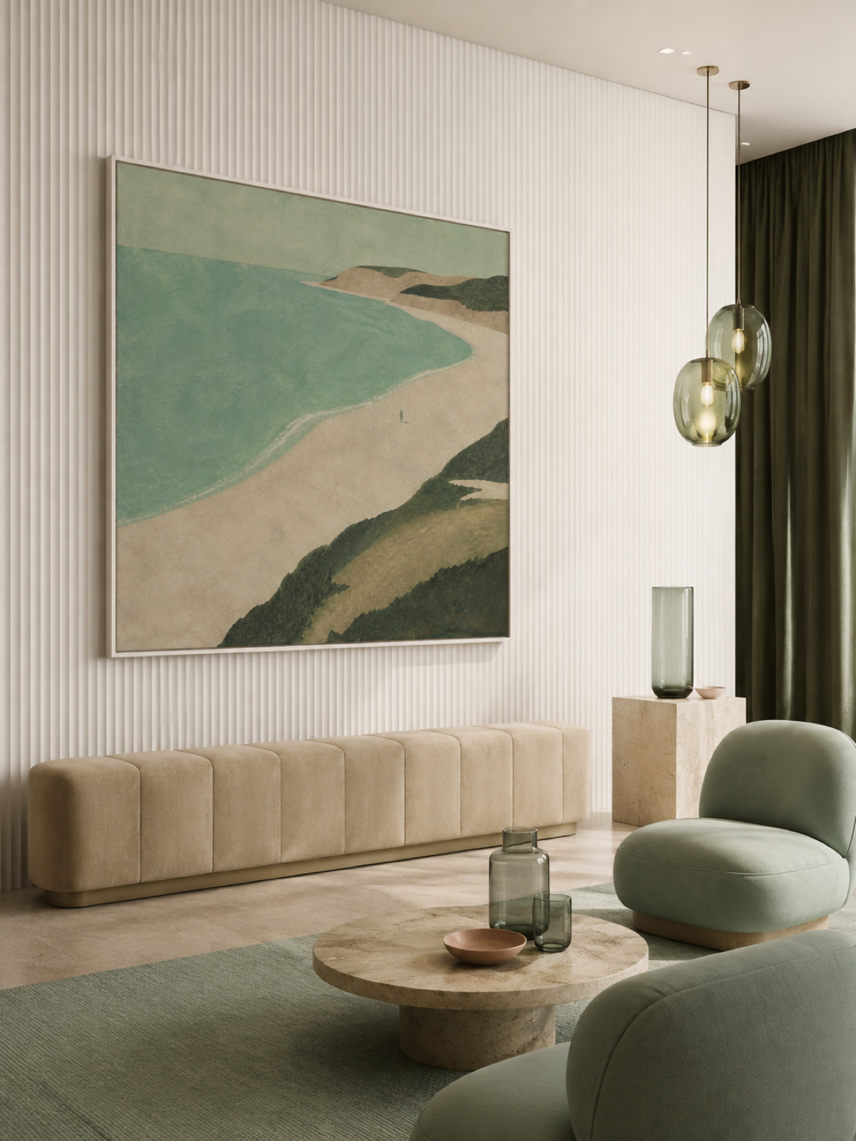 Vintage Minimalist Beach Scene Original Canvas Art With Solitary Figure And Curved Shore