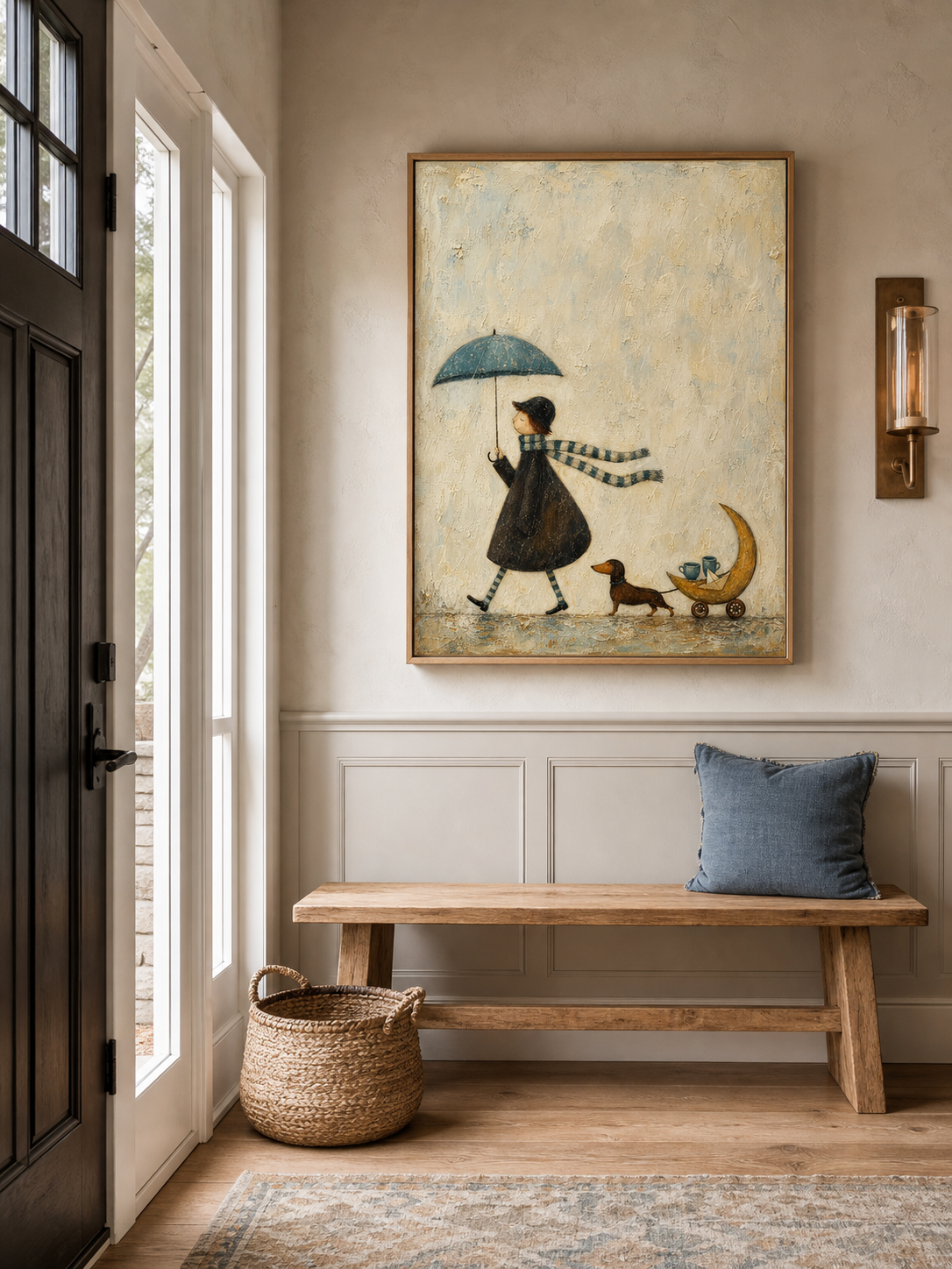 Whimsical Dachshund Canvas Art Moon Cart Tea Walk Neutral Cozy Wall Decor