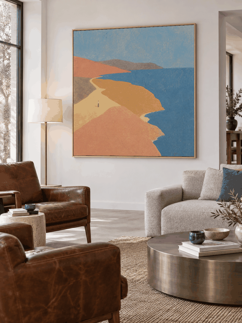 Modern Minimalist Seascape Painting In Earth Tones And Deep Blue Original Art