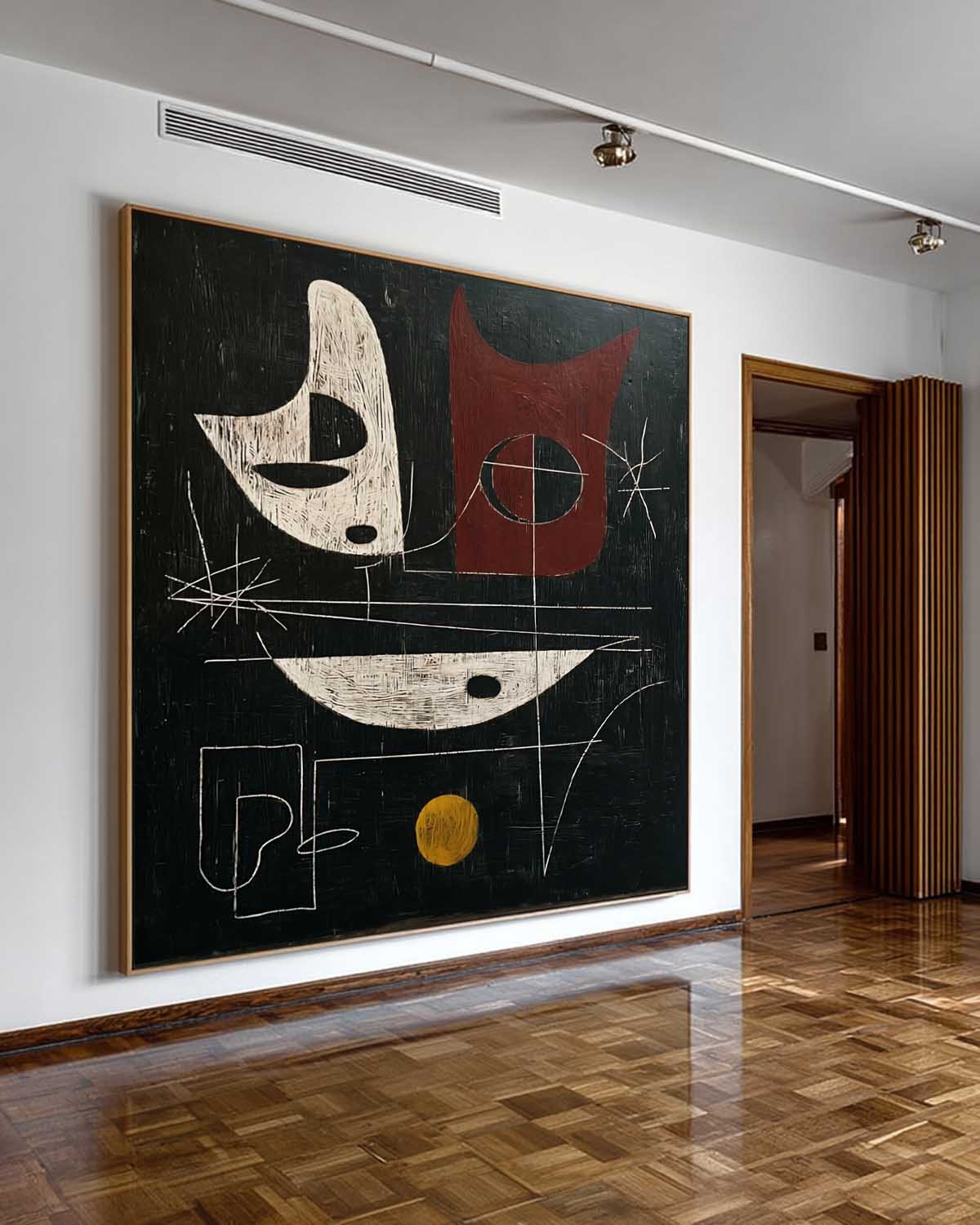Large Vertical Black And Red Abstract Painting For Modern Living Room