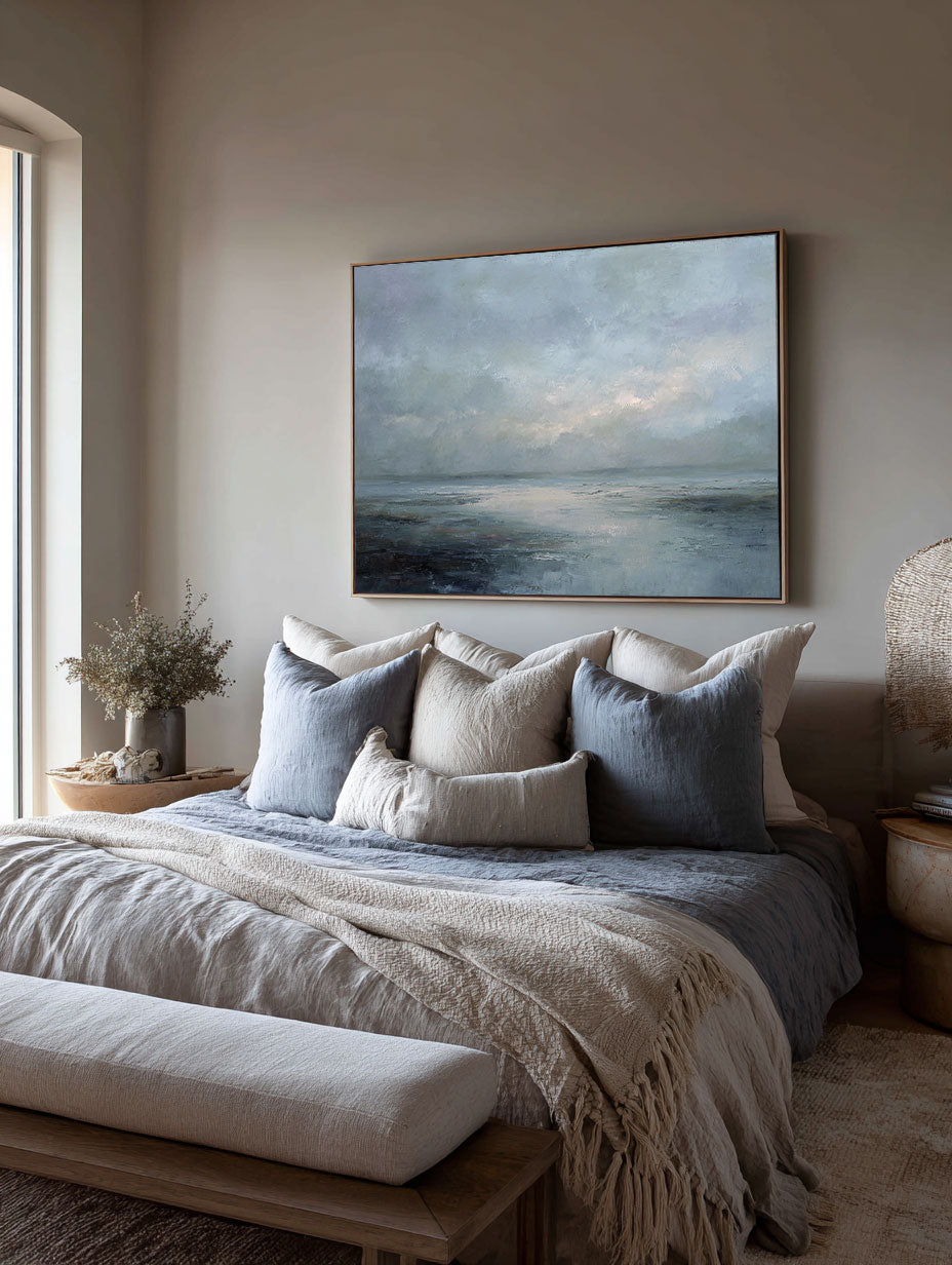 Large Blue And Gray Beach Oil Painting Minimalist Coastal Wall Art Neutral Blue Seascape Painting Handmade Minimalist Beach Scene Art