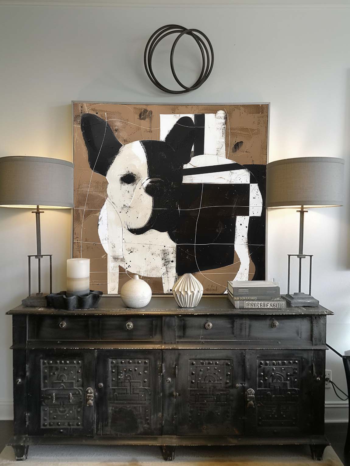Vintage Black and White Dog Canvas Art  Black And White Dog Art On Brown Canvas Vintage Wall Art