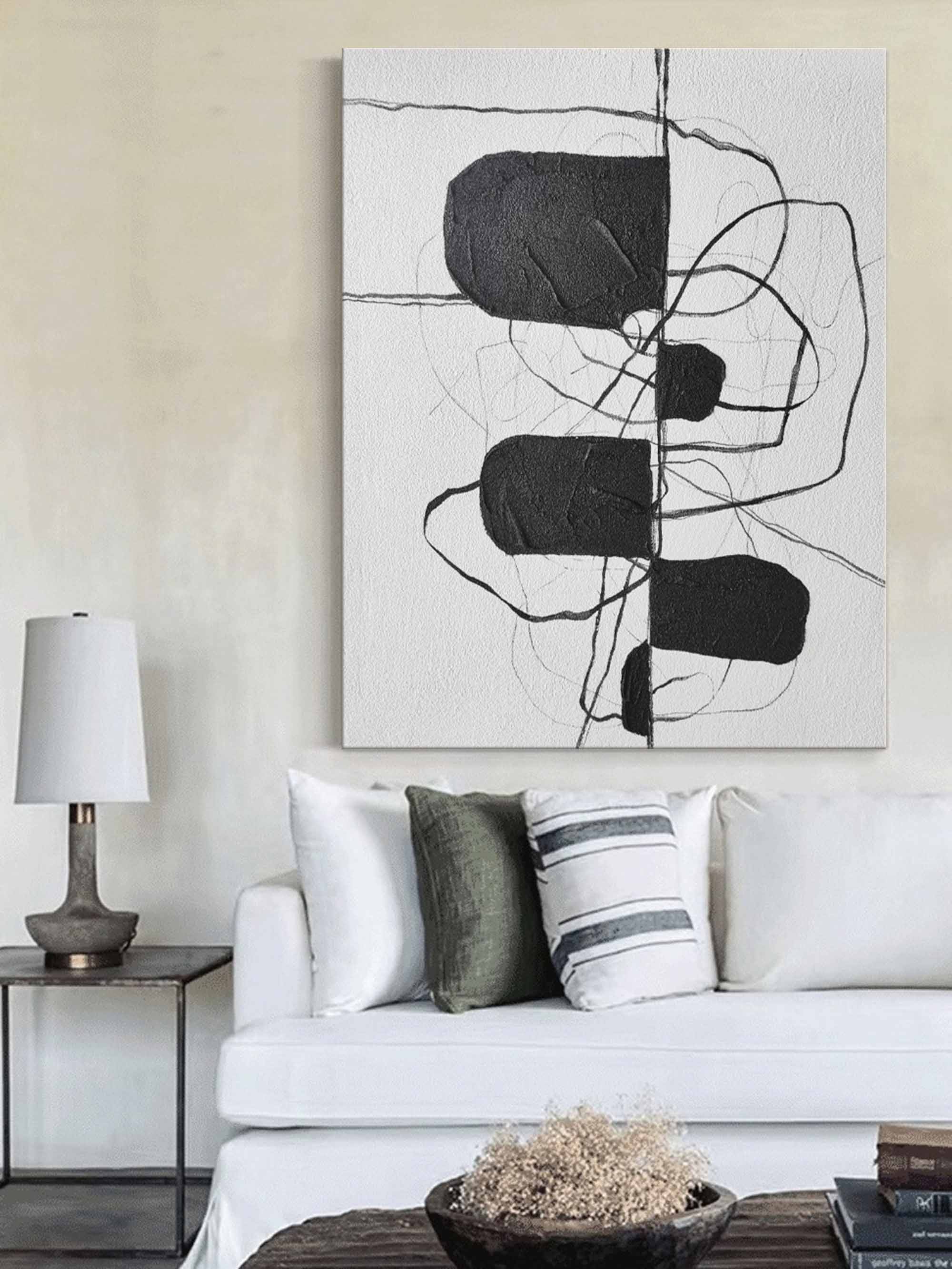 Large Black And White Minimalist Abstract Canvas Art Minimalist Line Painting Framed
