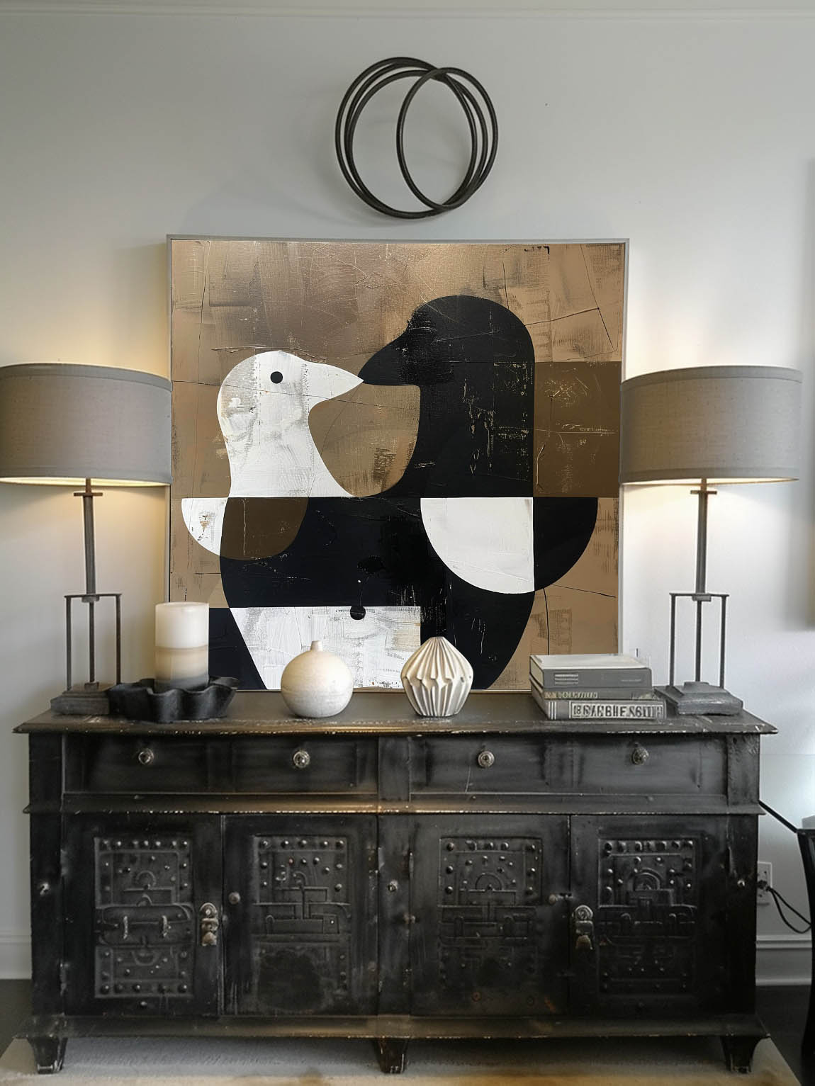 Retro Black And White Dove On Canvas Large Minimalist Abstract Painting Retro Brown Background Dove Painting