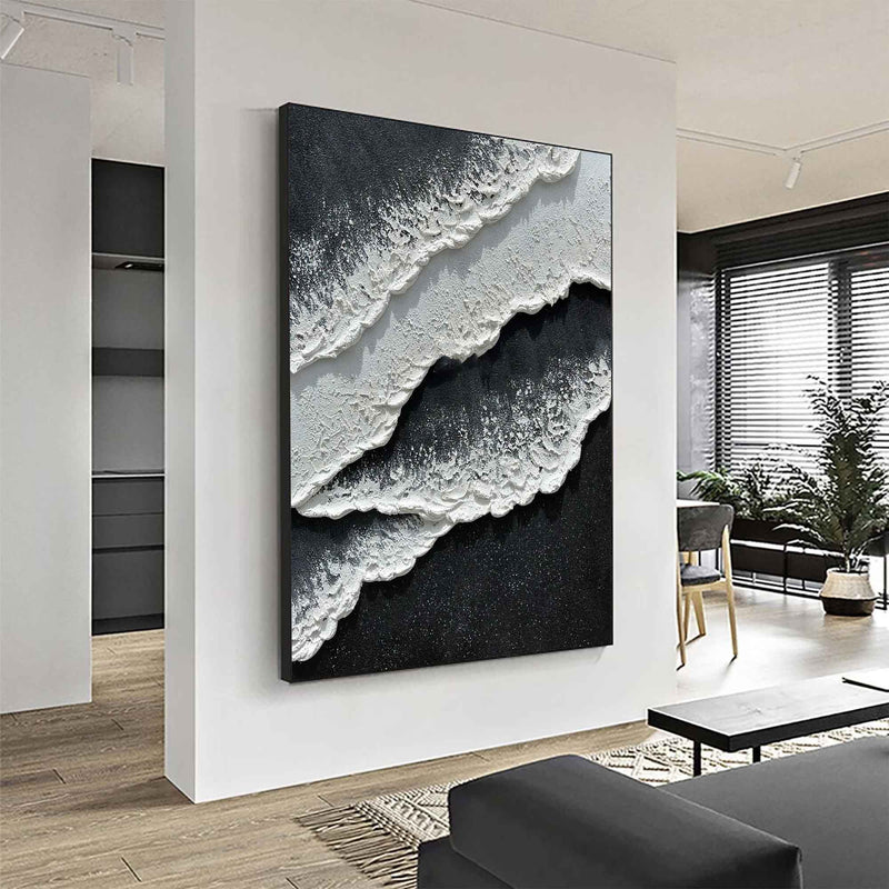 3d Black White Wave Painting On Canvas Minimalist Black And White Ocean Texture Wall Art