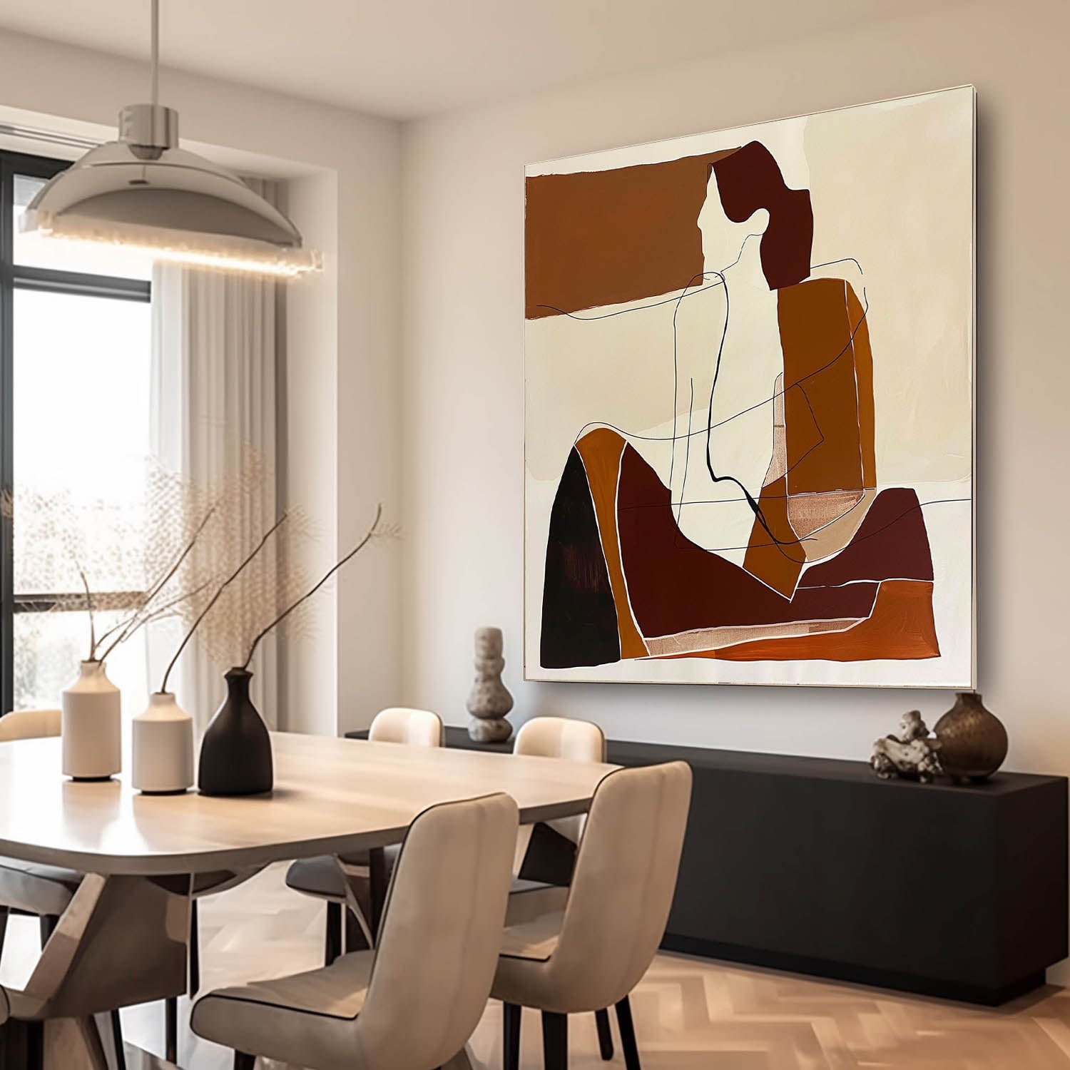 Vintage Minimalist Art Vintage Human Art Large Beige And Brown Abstract Lady Painting Original Woman Face
